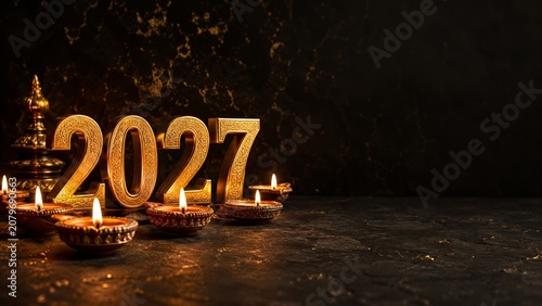2027 Christmas and New Year copy space banner for Diwali greetings, festival planners and cultural celebration ads with gold numbers, oil lamps, ornate diya candles, warm flame and black background