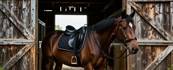 Brown horse with black saddle stands in stable doorway. Animal wears bridle, ready for ride. Wooden barn background, rural farm setting, equestrian life.