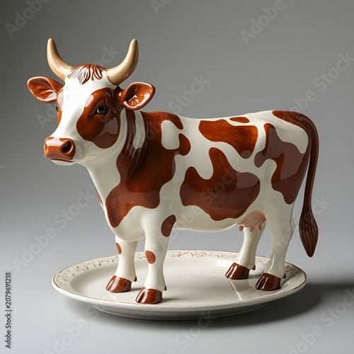 Cow figurine displayed on a plate against a grey background  
