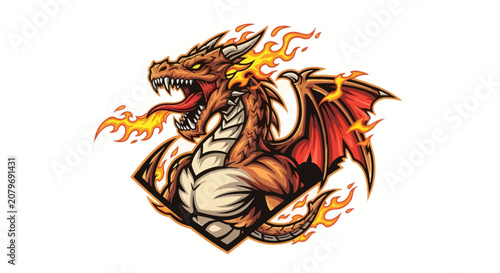 Fiery dragon illustration with flames and open mouth on white background