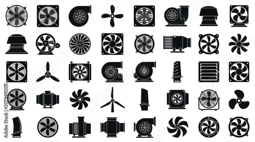 Industrial fan and turbine ventilation system icons set.