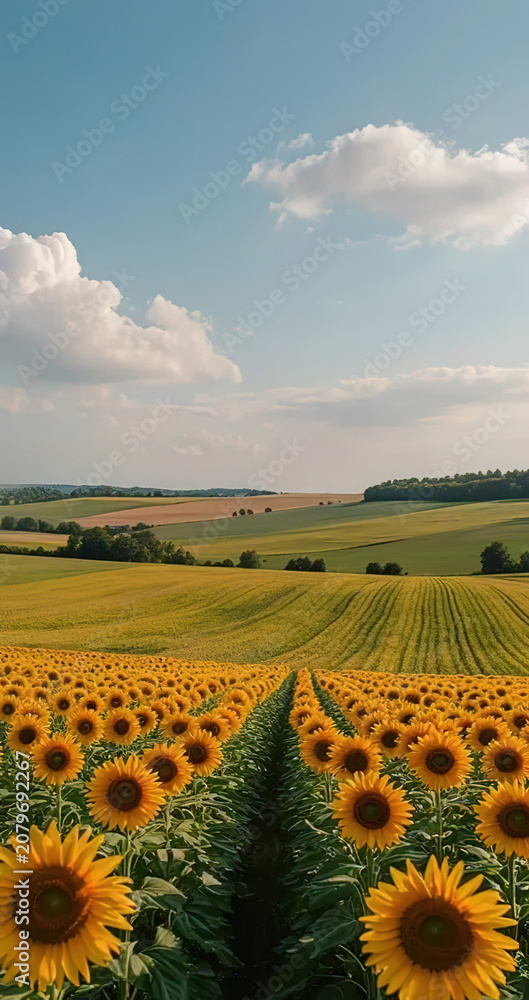 Fototapeta premium Illustration of a summer landscape with a blooming sunflower.