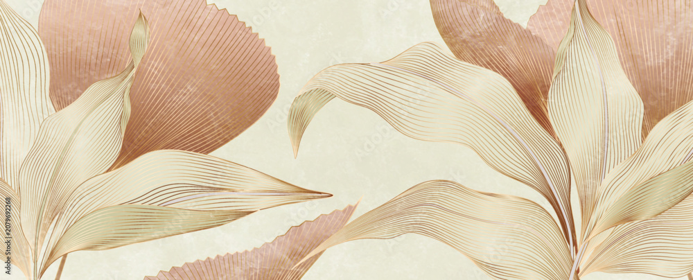 Fototapeta premium Premium botanical background with tropical plant leaves in a gold line art style. Exotic natural patterns for banners, wallpaper, prints, packaging, posters, and interior design.