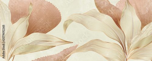 Cuadro en lienzo Premium botanical background with tropical plant leaves in a gold line art style