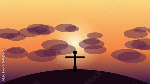 Silhouette of a person standing with arms outstretched against a sunset sky animation 4k background