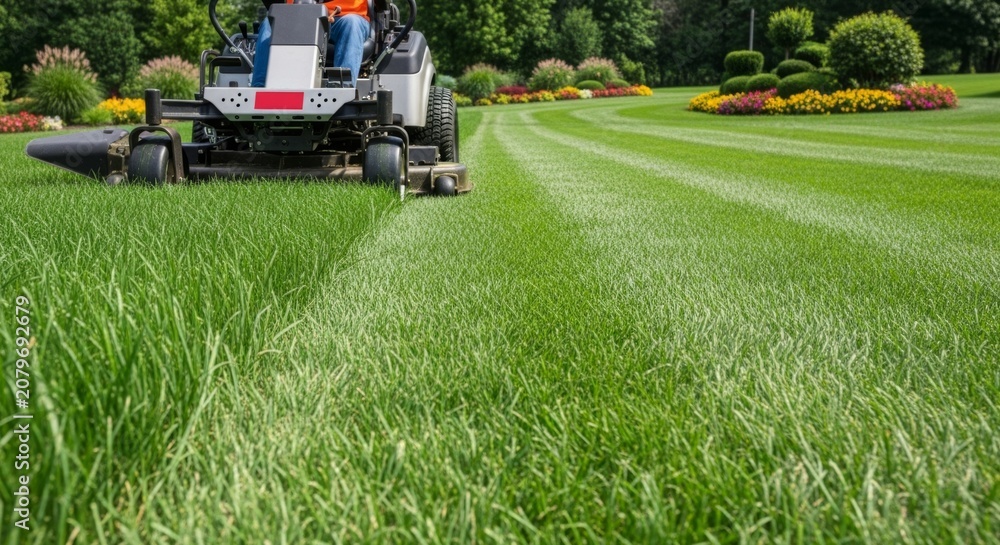 Fototapeta premium Commercial riding mower creates striped patterns on lush green lawn in sunny suburban landscape, fresh cut grass