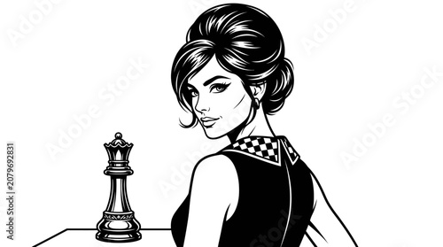 Woman portrait with chess queen piece and patterned dress.