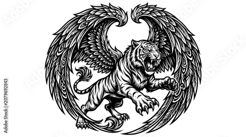 Winged tiger inside decorative circular frame crest