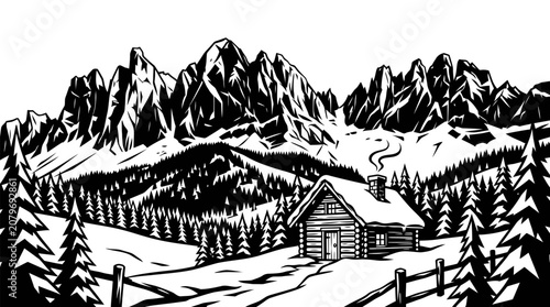 Woodcut illustration of a mountain cabin in snow.