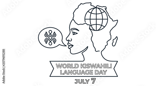 Cuadro en lienzo Line art illustration of a face with a globe and speech bubble