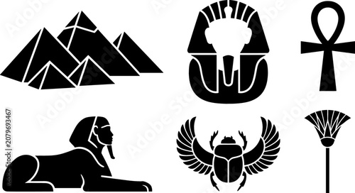 Obraz na płótnie Ancient Egypt Culture Icon Set Featuring Giza Pyramids Sphinx Pharaonic Mask Ank