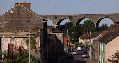 Drogheda, County Louth, Ireland - May 25, 2026: Afternoon sun illuminates the historic arches of the Boyne Viaduct.