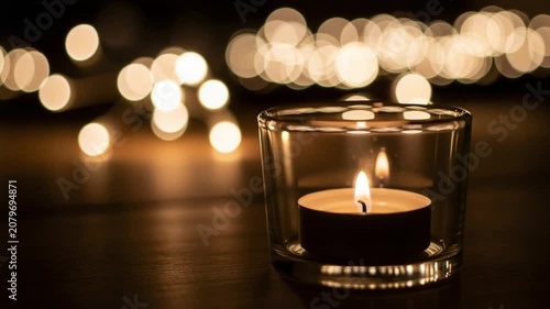 A single lit tea light candle in a glass holder with a soft bokeh background of warm golden fairy lights