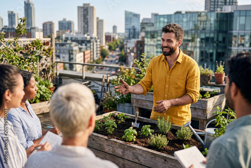 Man teaching urban rooftop gardening to group. Community garden workshop, eco friendly lifestyle, plant care, rooftop farming, sustainability, green city life, outdoor education workshop.