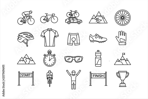 Set of cycling and mountain biking line icons