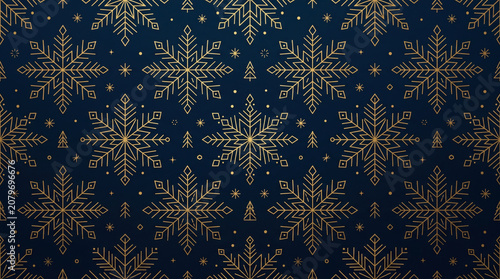 Elegant Seamless Pattern Featuring Golden Geometric Snowflakes and Minimalist Christmas Trees on Deep Dark Blue Background for Festive Holiday Seasonal Designs