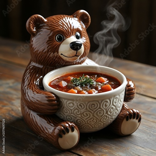 Bear-shaped ceramic bowl holding hot soup on wooden table  