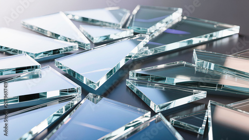 Sharp broken glass shards scattered randomly on a dark reflective surface with bright highlights