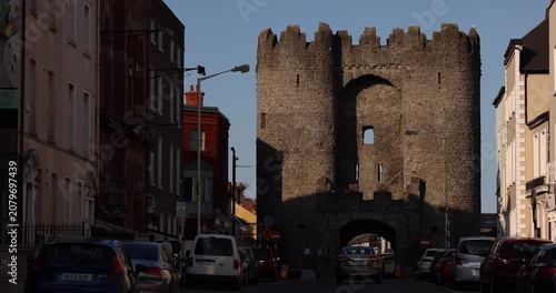 Afternoon sun shines on historic mid evil architecture in the city centre of Drogheda, County Louth, Ireland.