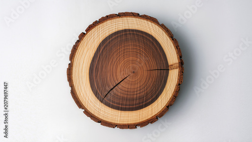 Round cross section of a tree log showing detailed annual rings and a dark core on a clean white background