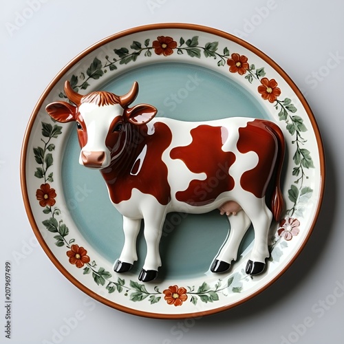 Decorative ceramic cow figurine displayed on floral plate  