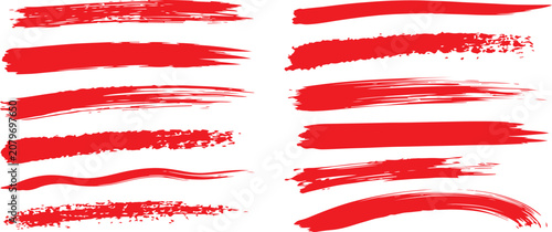 Red highlighter brush stroke lines set for underline banners, dry paint marker stripes, rough grunge ink smears and bold hand drawn highlight elements. Vector illustration. Set of red paint brush