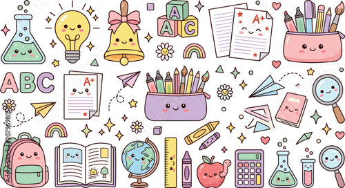 Cuadro en lienzo Comprehensive set of cute kawaii back to school doodle icons featuring stationer