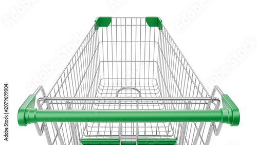 First-Person View of Shopping Cart on Isolated White Background, Empty Retail Trolley, 3D Render