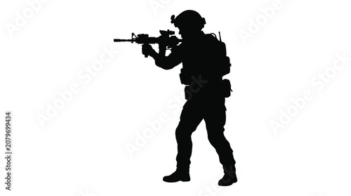 Konstfotografi Soldier With Rifle In Tactical Gear Black Silhouette