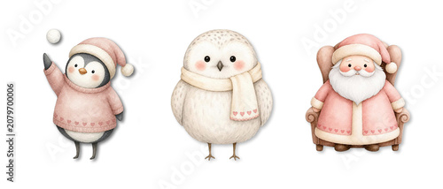 Other Matching Items Available - Cute Watercolor Winter Animal Clipart Set, Whimsical Pastel Penguin Owl, Armchair Santa, Matte Gouache Christmas Graphics PNG