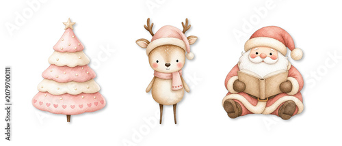Part of the Chrstimas Set - Cute Watercolor Christmas Clipart Set, Whimsical Pastel Reindeer Pink Tree Reading Santa, Matte Gouache Holiday Graphics PNG