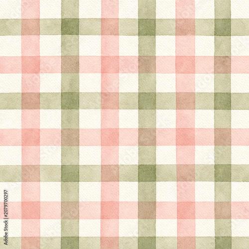 Watercolor Pastel Pink and Green Gingham Plaid Seamless Pattern Background Matches Christmas Set