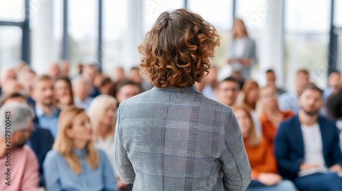 Back view of presenter speaking to seated attendees.