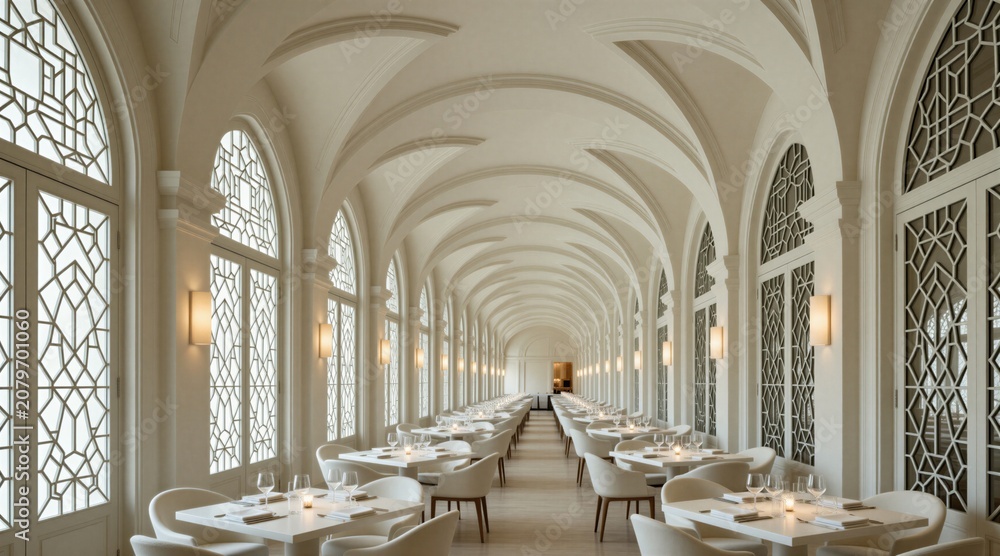 Obraz premium Elegant white dining hall with arched ceilings and patterned windows. Empty tables set for meal. Luxurious interior, geometric design, bright natural light. Sophisticated, modern architectural space.