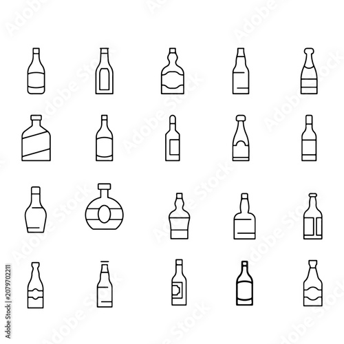 Collection of various alcohol bottle icons in line style