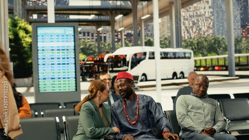 Bild auf Leinwand Two travelers colliding accidentally in busy bus station hall filled with luggage, dramatic public transportation scene showing crowded passenger flow