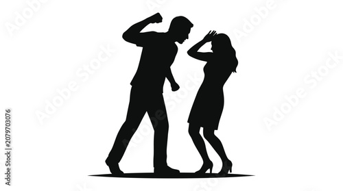 Schilderij op canvas Couple arguing man raising fist to woman black silhouette