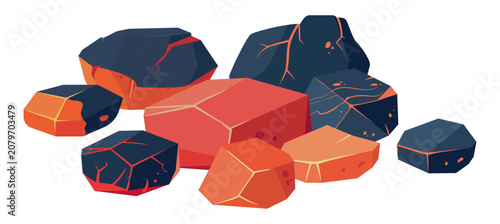 Burning charcoal. Glowing charcoal coals with hot embers isolated on white background flat vector illustration set. BBQ barbecue fuel elements