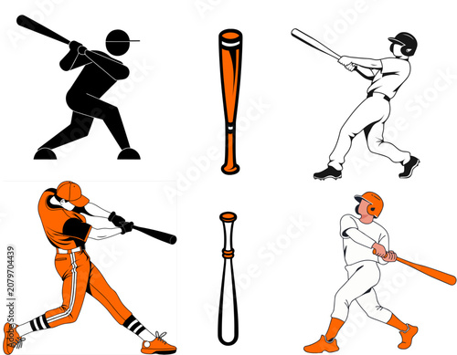 Slika na platnu Baseball Player Swing and Bat Vector Clipart Set