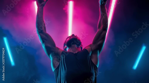 Intense male athlete performs pull-ups under vibrant pink and blue neon lights, surrounded by atmospheric smoke for powerful gym or performance setting.