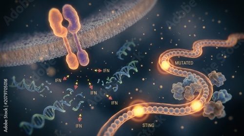 Colorful molecular landscape of STING signaling inside a cell, with a membrane receptor dimer, DNA fragments, interferon arrows, and clustered immune proteins; mutated amino-acid hotspots glow on a