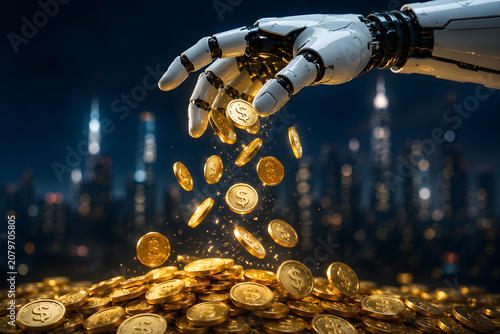 Robot hand dropping golden dollar coins onto a pile in front of a city skyline