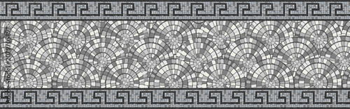 Fotografia Ancient Circular Roman, Mediterranean, Greek Mosaic fan-shaped pattern with hand-painted stone circular geometric tiles, framed by a classic Greek Key border