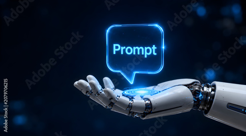 AI robot hand holding a glowing blue prompt speech bubble hologram