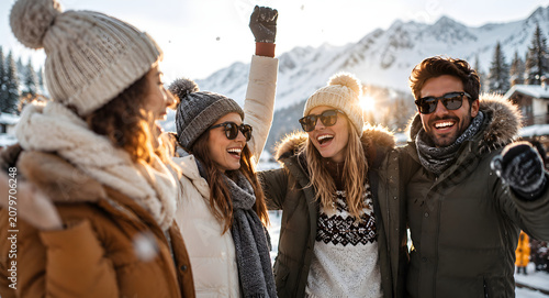 Group of happy young friends having fun together in snowy winter mountains