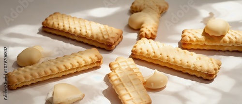 Close up of baked cookies and other sweet food elements on light surface