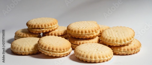 Pile of delicious sandwich cookies on a white surface overhead studio shot