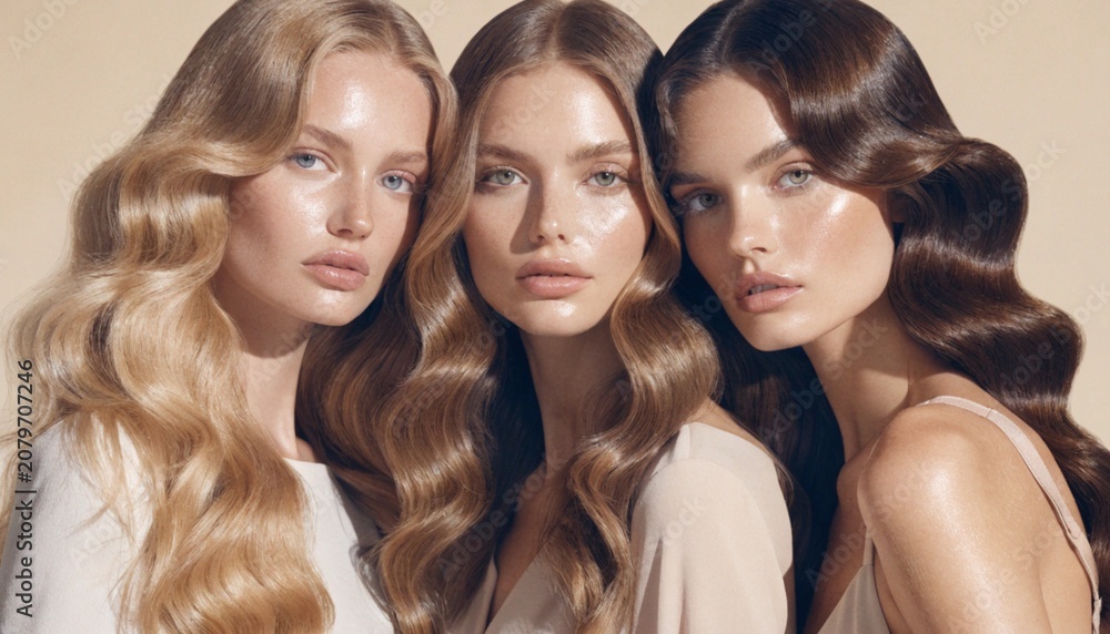 Obraz premium Three Beautiful Women with Long Wavy Hair in Luxury Beauty Portrait