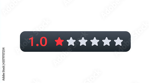 Minimalist Graphic Depicting One Point Zero Rating with Single Red Star and Multiple Gray Empty Stars on a Dark Bar Isolated on White