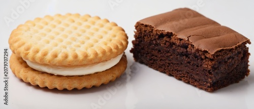 Close up of a cookie and a brownie on a white surface food photography